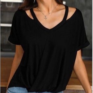 Women's Short Sleeve Collar Stripe Detail V-Neck blouse.